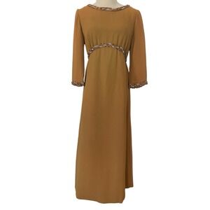 Vtg 60s Emma Dome Gold Evening Dress Empire Waist 28" renaissance Castlecore